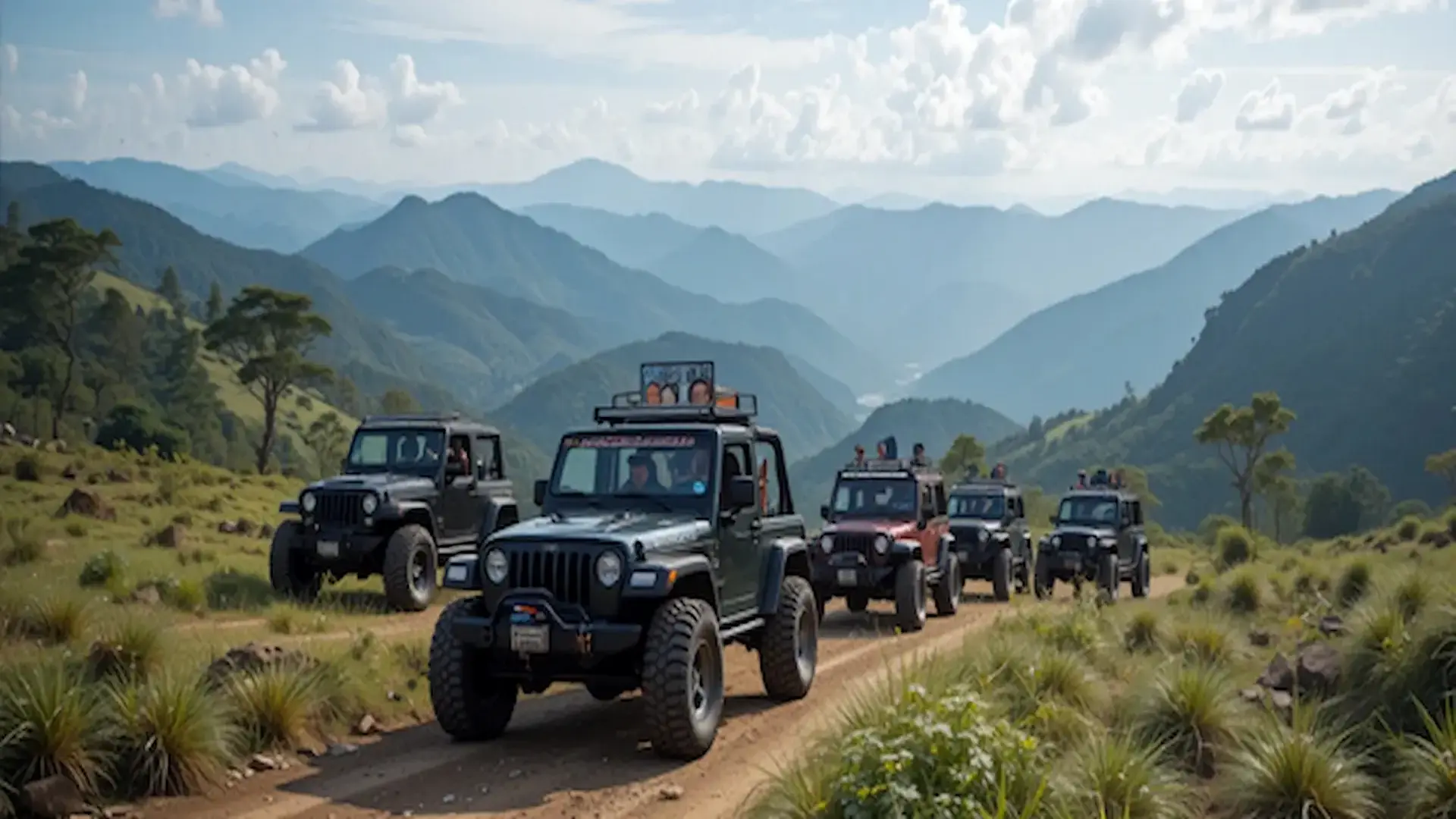Offroad adventure with jeeps in the mountain valley