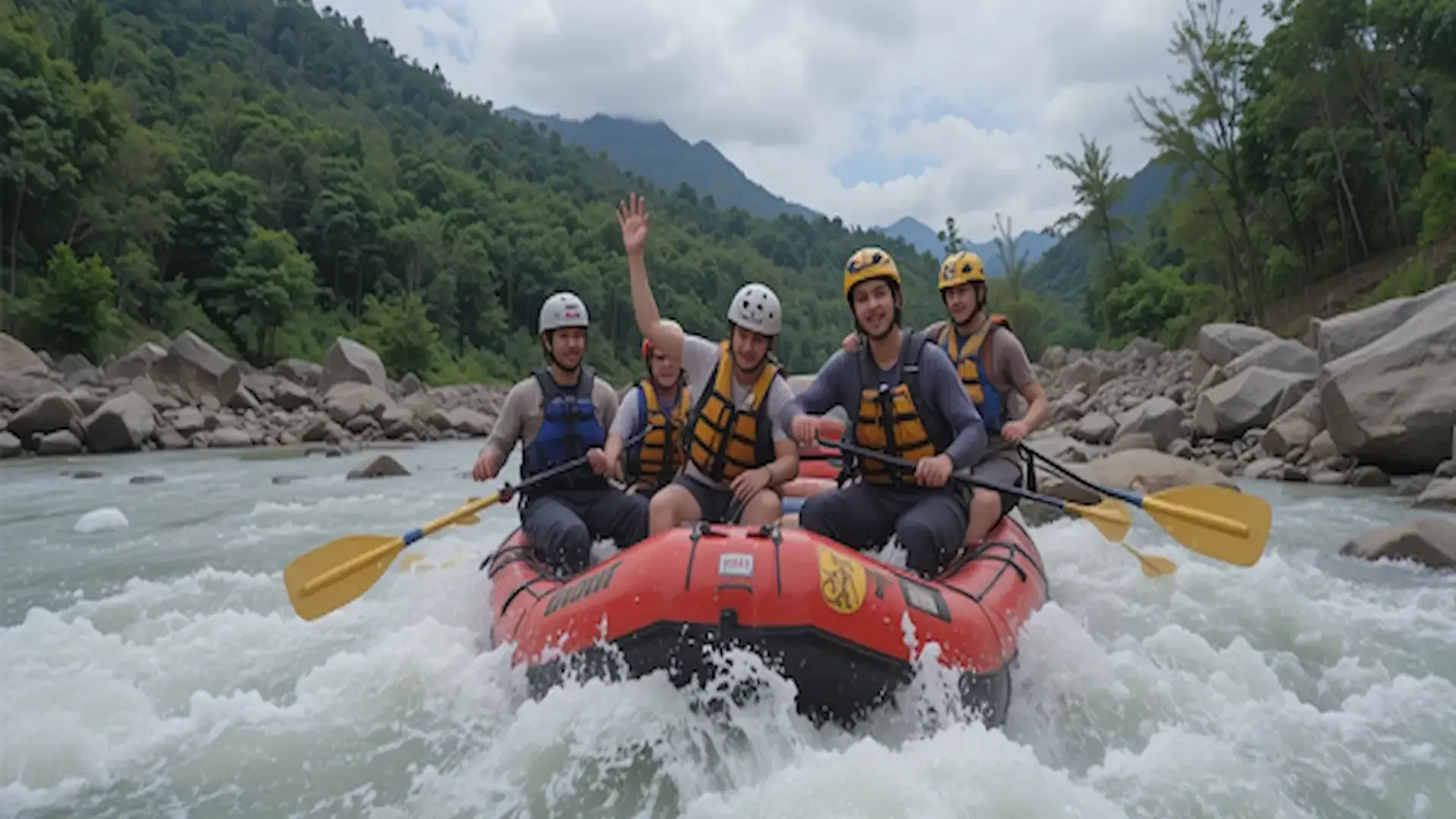 White water rafting team paddling together