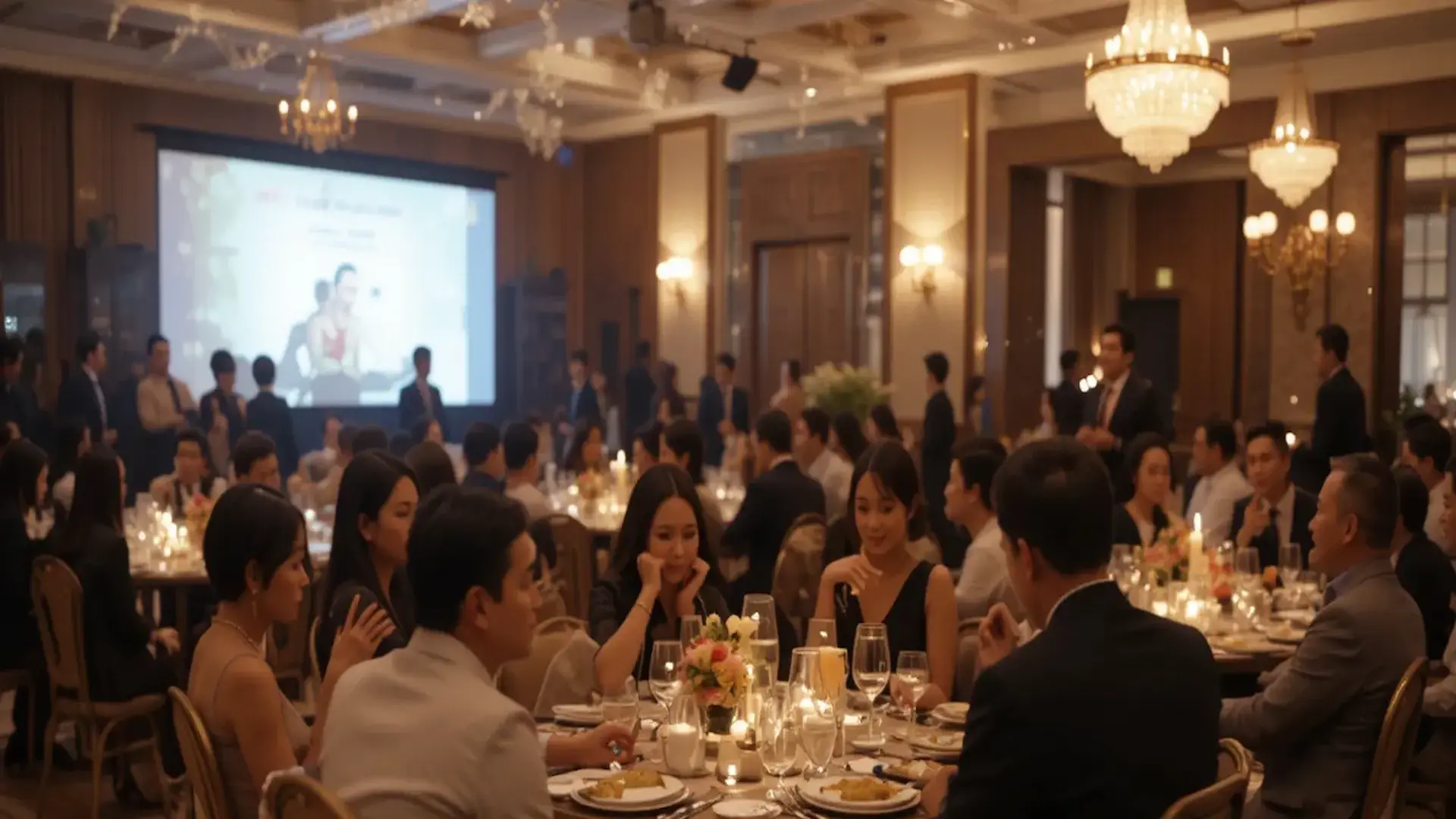 Elegant indoor event dinner with guests